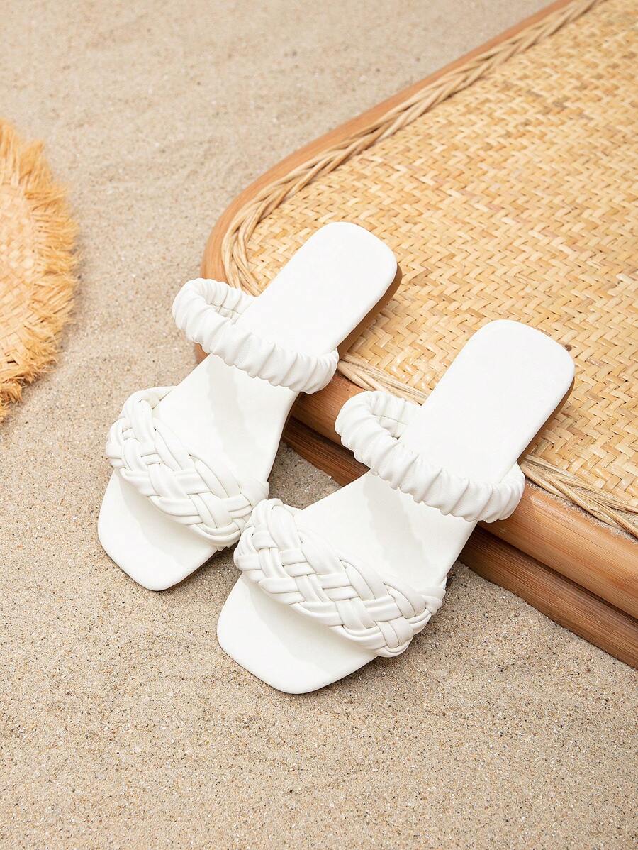 Girls Braided Design Double Strap Slide Sandals For Summer - White - View 1