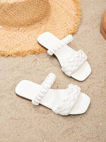 Girls Braided Design Double Strap Slide Sandals For Summer - White - View 4