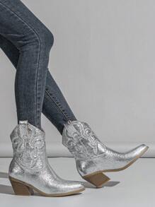 Giày bốt nữ Chunky/gân trung bình thêu kiểu phương Tây, Giày bốt cao bồi cho nữ - Bạc - Xem 1