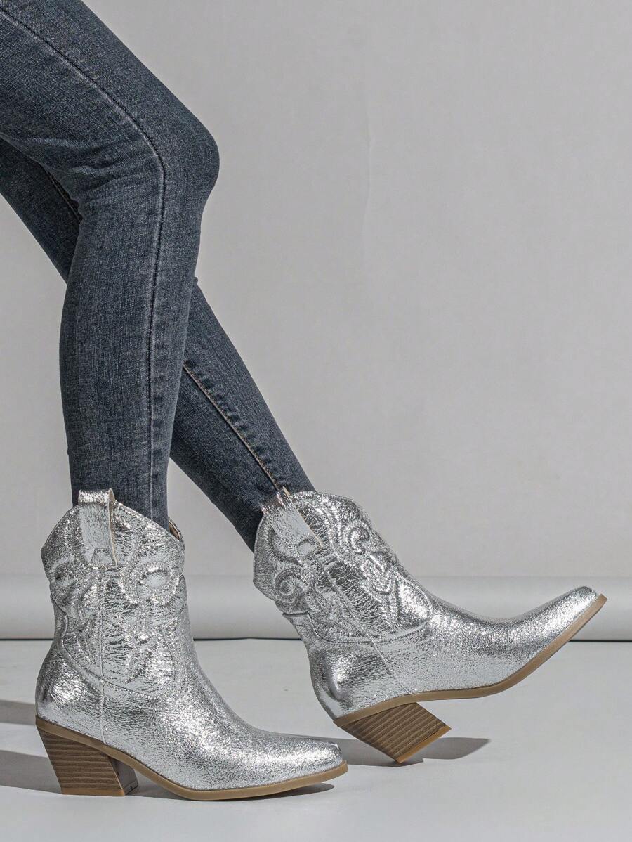 Giày bốt nữ Chunky/gân trung bình thêu kiểu phương Tây, Giày bốt cao bồi cho nữ - Bạc - Xem 1
