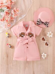 Baby Cartoon Embroidery Button Front Belted Romper & Hat - Pink - View 1