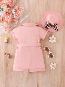 Baby Cartoon Embroidery Button Front Belted Romper & Hat - Pink - View 2
