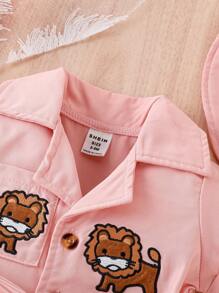 Baby Cartoon Embroidery Button Front Belted Romper & Hat - Pink - View 3
