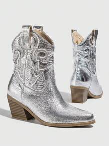 Giày bốt nữ Chunky/gân trung bình thêu kiểu phương Tây, Giày bốt cao bồi cho nữ - Bạc - Xem 5