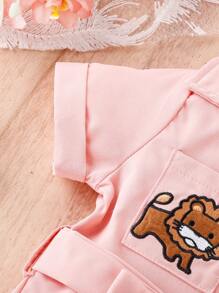 Baby Cartoon Embroidery Button Front Belted Romper & Hat - Pink - View 4