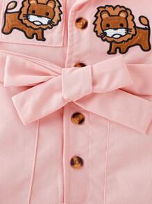 Baby Cartoon Embroidery Button Front Belted Romper & Hat - Pink - View 5