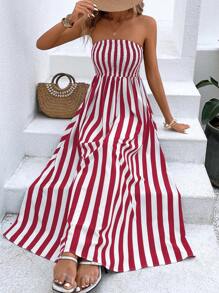 SHEIN VCAY Vertical Striped Tube Dress - Red and White - View 3