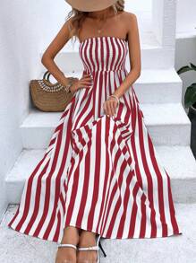 SHEIN VCAY Vertical Striped Tube Dress - Red and White - View 4