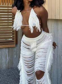 Fringe Trim Crop Halter Knit Top & Pants - White - View 3