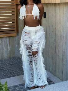 Fringe Trim Crop Halter Knit Top & Pants - White - View 5