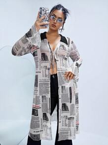 SHEIN ICON Top con estampado de periódico con cordón delantero de malla - Multicolor - Ver 1