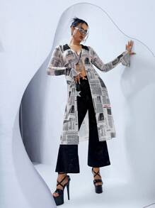 SHEIN ICON Top con estampado de periódico con cordón delantero de malla - Multicolor - Ver 3