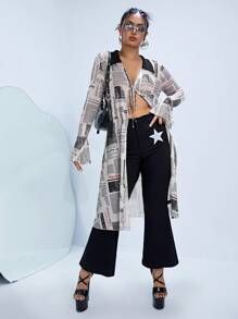 SHEIN ICON Top con estampado de periódico con cordón delantero de malla - Multicolor - Ver 4