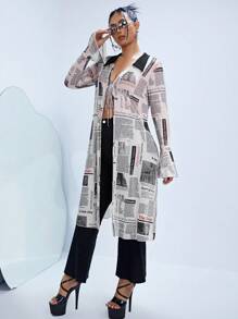 SHEIN ICON Top con estampado de periódico con cordón delantero de malla - Multicolor - Ver 5