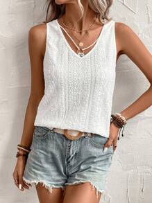 SHEIN LUNE Áo khoác và áo lót dành cho xe tăng nữ Tương phản ren màu trơn Giải trí - trắng - Xem 3