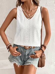 SHEIN LUNE Áo khoác và áo lót dành cho xe tăng nữ Tương phản ren màu trơn Giải trí - trắng - Xem 5