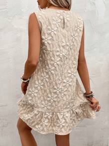 SHEIN LUNE Jacquard Ruffle Hem Smock Dress - Beige - View 2