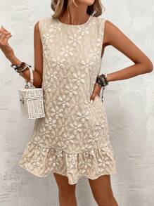 SHEIN LUNE Jacquard Ruffle Hem Smock Dress - Beige - View 4
