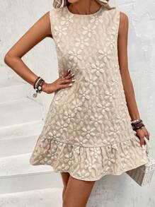 SHEIN LUNE Jacquard Ruffle Hem Smock Dress - Beige - View 5