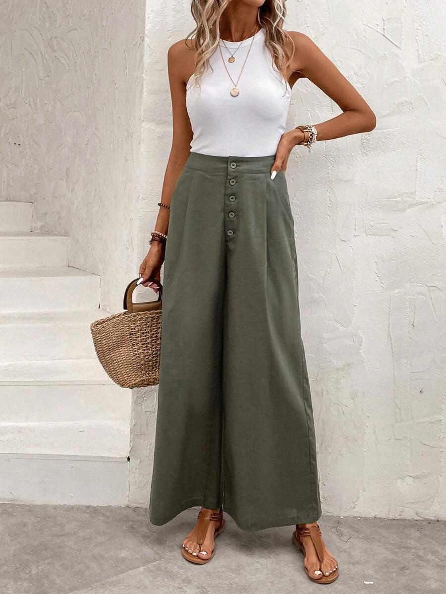SHEIN LUNE Quần nữ Túi Nút phía trước màu trơn Giải trí - xanh quân đội - Xem 1