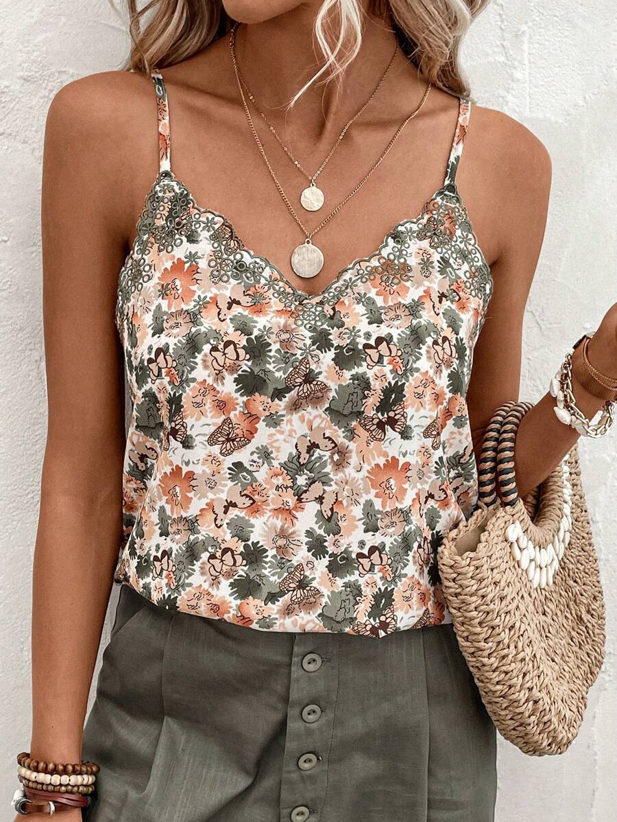 SHEIN LUNE Top de tirantes con estampado floral diminuto y cuello bordado para uso casual y vacaciones de las mujeres, blusas florales primaverales, tops lindos - Multicolor - Ver 1