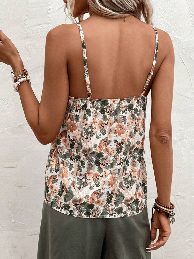 Ditsy Floral Sleeveless Camisole Top With Embroidered Neckline For Women's Casual And Holiday, Spring Floral Blouses Cute Tops