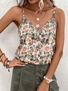SHEIN LUNE Top de camisole sans manches avec fleurs minuscules et encolure brodée pour tenue casual et de vacances pour femmes, blouses à fleurs de printemps, hauts mignons