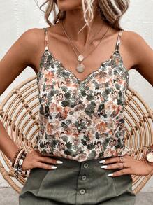SHEIN LUNE Top de camisole sans manches avec fleurs minuscules et encolure brodée pour tenue casual et de vacances pour femmes, blouses à fleurs de printemps, hauts mignons