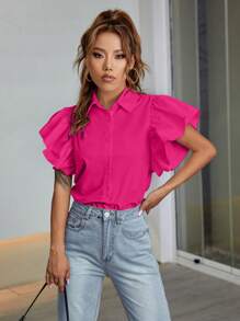 Chiquease 蝴蝶袖前紐扣襯衫 - 玫紅色 - 查看 1