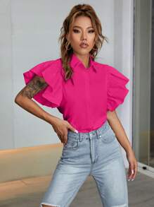 Chiquease 蝴蝶袖前紐扣襯衫 - 玫紅色 - 查看 4