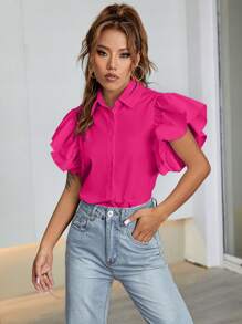 Chiquease 蝴蝶袖前紐扣襯衫 - 玫紅色 - 查看 5