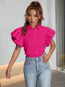 Chiquease 蝴蝶袖前紐扣襯衫 - 玫紅色 - 查看 6