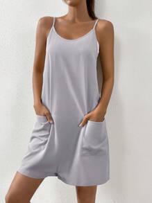 SHEIN EZwear 雙口袋吊帶連體短褲 - 灰色 - 查看 6