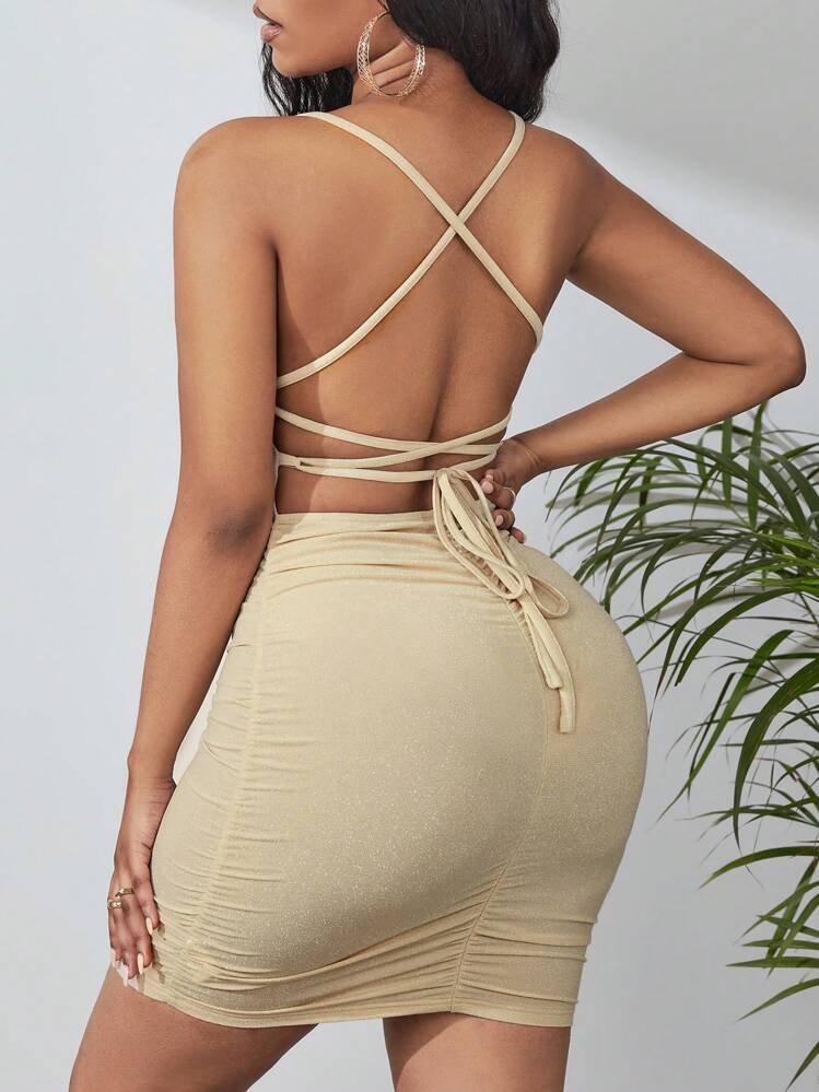 Slaydiva Lace Up Backless Ruched Bodycon Dress | SHEIN USA
