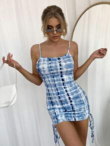 SHEIN Privé 紮染側抽繩緊身洋裝 - 藍白色 - 查看 5