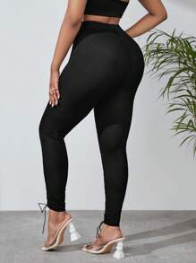 SHEIN SXY 前繫帶扣眼前繫帶緊身褲 - 黑色 - 查看 2