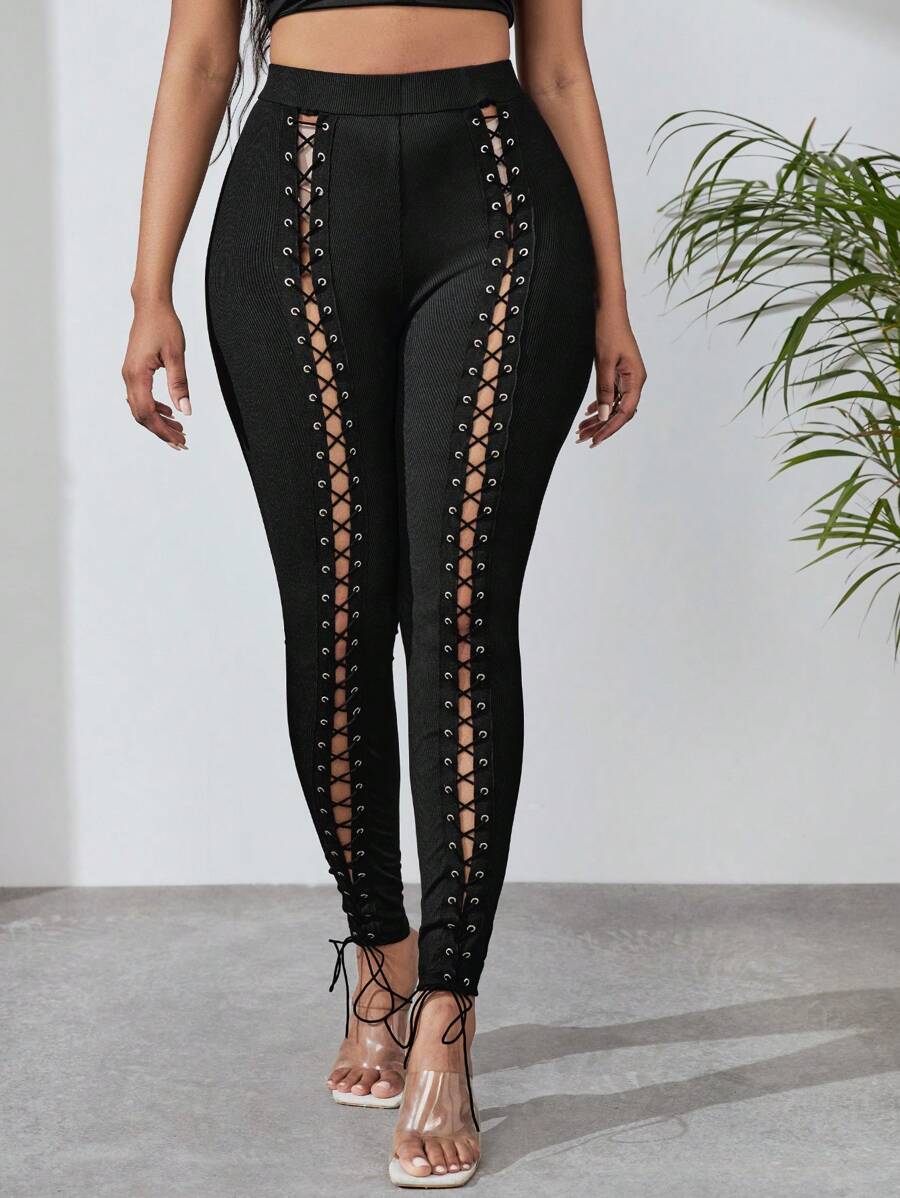 SHEIN SXY 前繫帶扣眼前繫帶緊身褲 - 黑色 - 查看 1