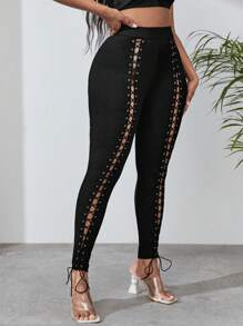 SHEIN SXY 前繫帶扣眼前繫帶緊身褲 - 黑色 - 查看 4