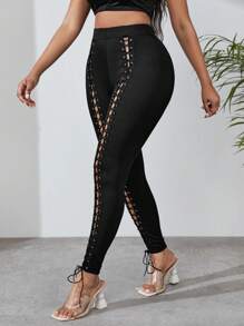 SHEIN SXY 前繫帶扣眼前繫帶緊身褲 - 黑色 - 查看 5