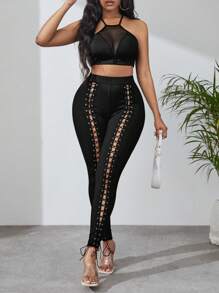 SHEIN SXY 前繫帶扣眼前繫帶緊身褲 - 黑色 - 查看 6