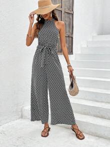 SHEIN Frenchy 滿版印花腰帶繞頸連體褲 - 黑色 - 查看 1