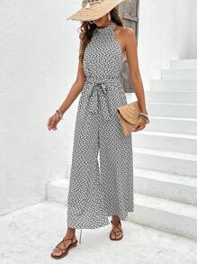 SHEIN Frenchy 滿版印花腰帶繞頸連體褲 - 黑與白 - 查看 4