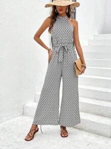 SHEIN Frenchy 滿版印花腰帶繞頸連體褲 - 黑與白 - 查看 5