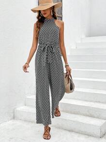 SHEIN Frenchy 滿版印花腰帶繞頸連體褲 - 黑色 - 查看 3