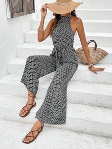 SHEIN Frenchy 滿版印花腰帶繞頸連體褲 - 黑色 - 查看 6