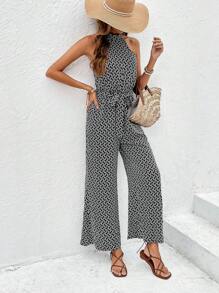 SHEIN Frenchy 滿版印花腰帶繞頸連體褲 - 黑色 - 查看 7