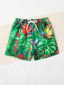 Baby Tropical & Butterfly Print Drawstring Waist Swim Shorts - Green - View 1