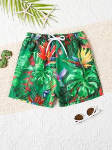 Baby Tropical & Butterfly Print Drawstring Waist Swim Shorts - Green - View 5