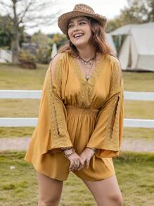 Plus Contrast Lace Cold Shoulder Romper Without Belt - Yellow - View 1