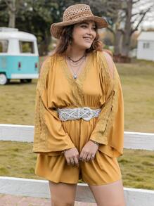 Plus Contrast Lace Cold Shoulder Romper Without Belt - Yellow - View 5